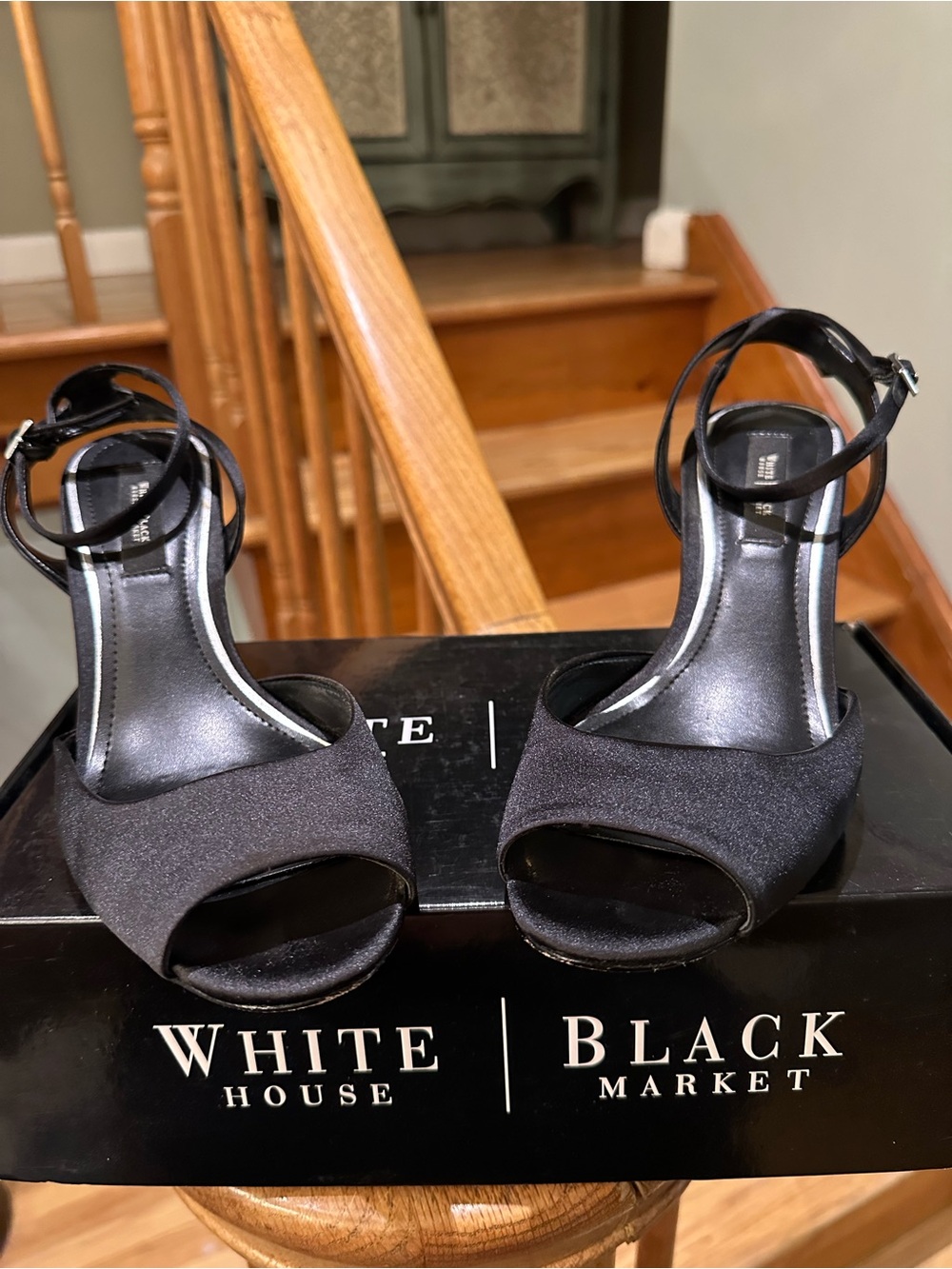 White House Black Market Black Satin Open-Toe Ankle-Strap Heels